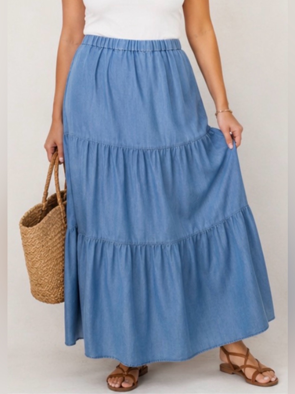 Tiered Chambray Medium Blue Midi Skirt - Picture 12 of 16